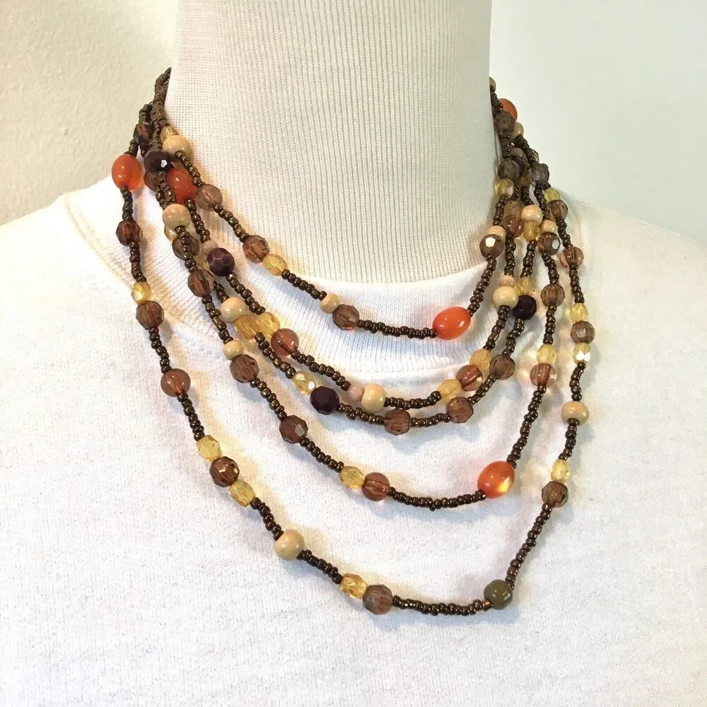 Vintage 90s Necklace 19.5 Inch Layered Beaded Bronze Wood Beads